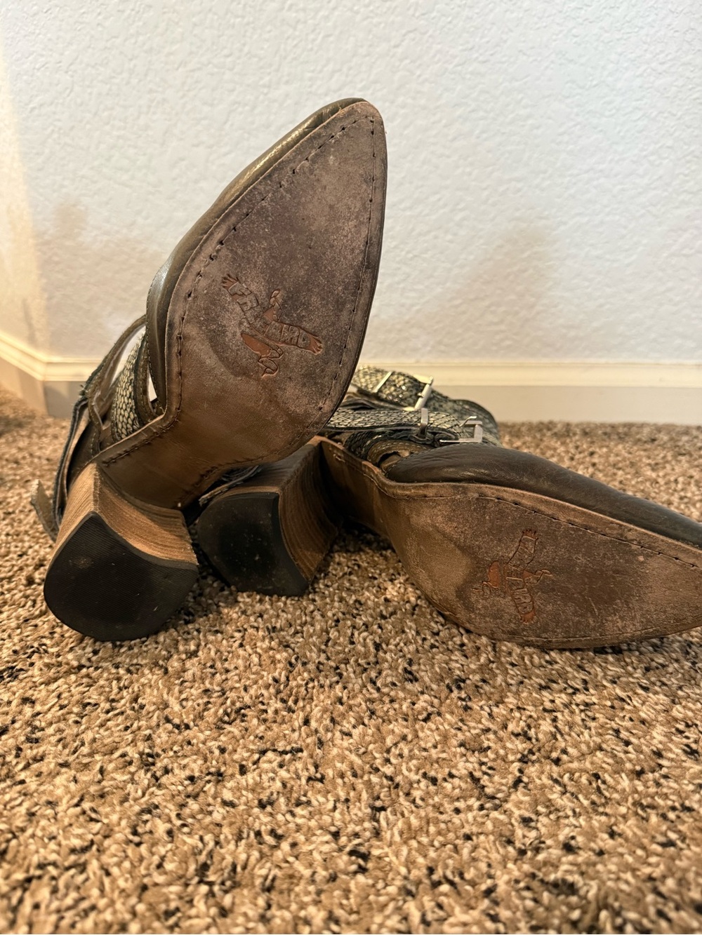 Freebird by Steven Olive Pumps with Snake-Print Straps and Wood Block Heel - Picture 3 of 5